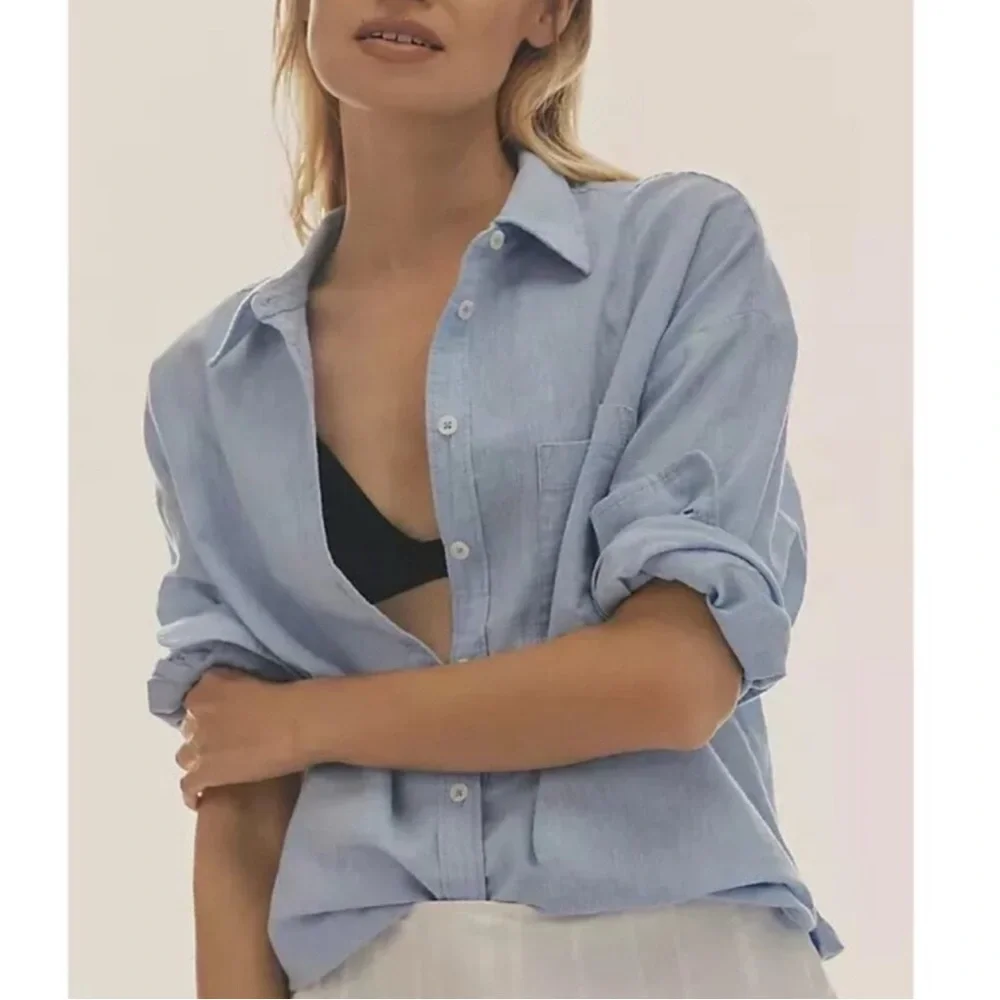 Anthropologie The Bennet Buttondown Shirt by Maeve Linen Blue MP - Picture 3 of 7